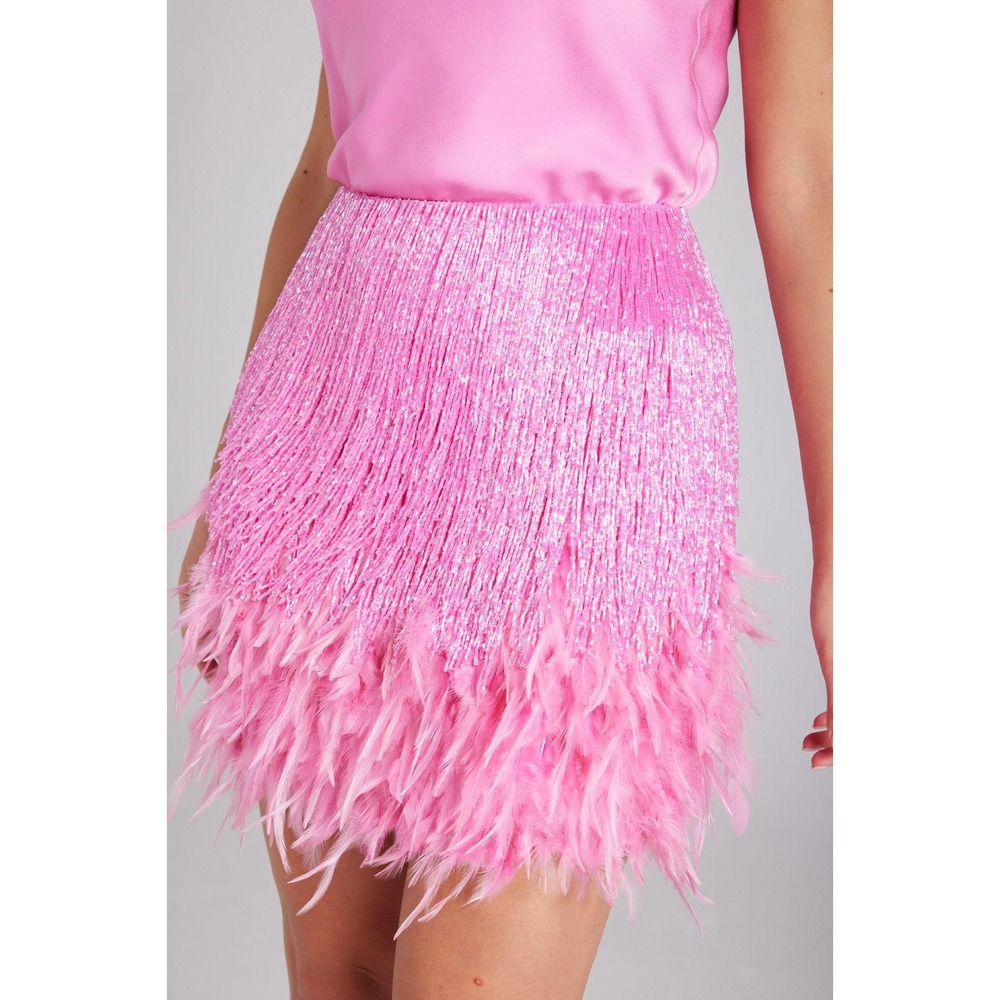 Nadine Merabi Sara Mini Skirt Pink Beaded Fringe Feather Trim Women Sz S/M - Picture 2 of 12